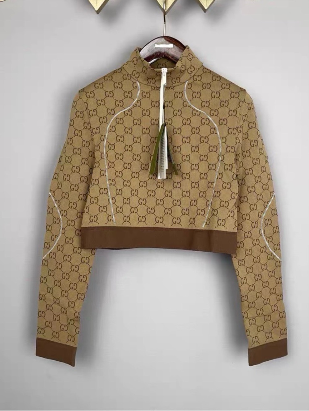🚩steal Gucci Beige/Brown GG Jacquard Cropped Zip Sweater